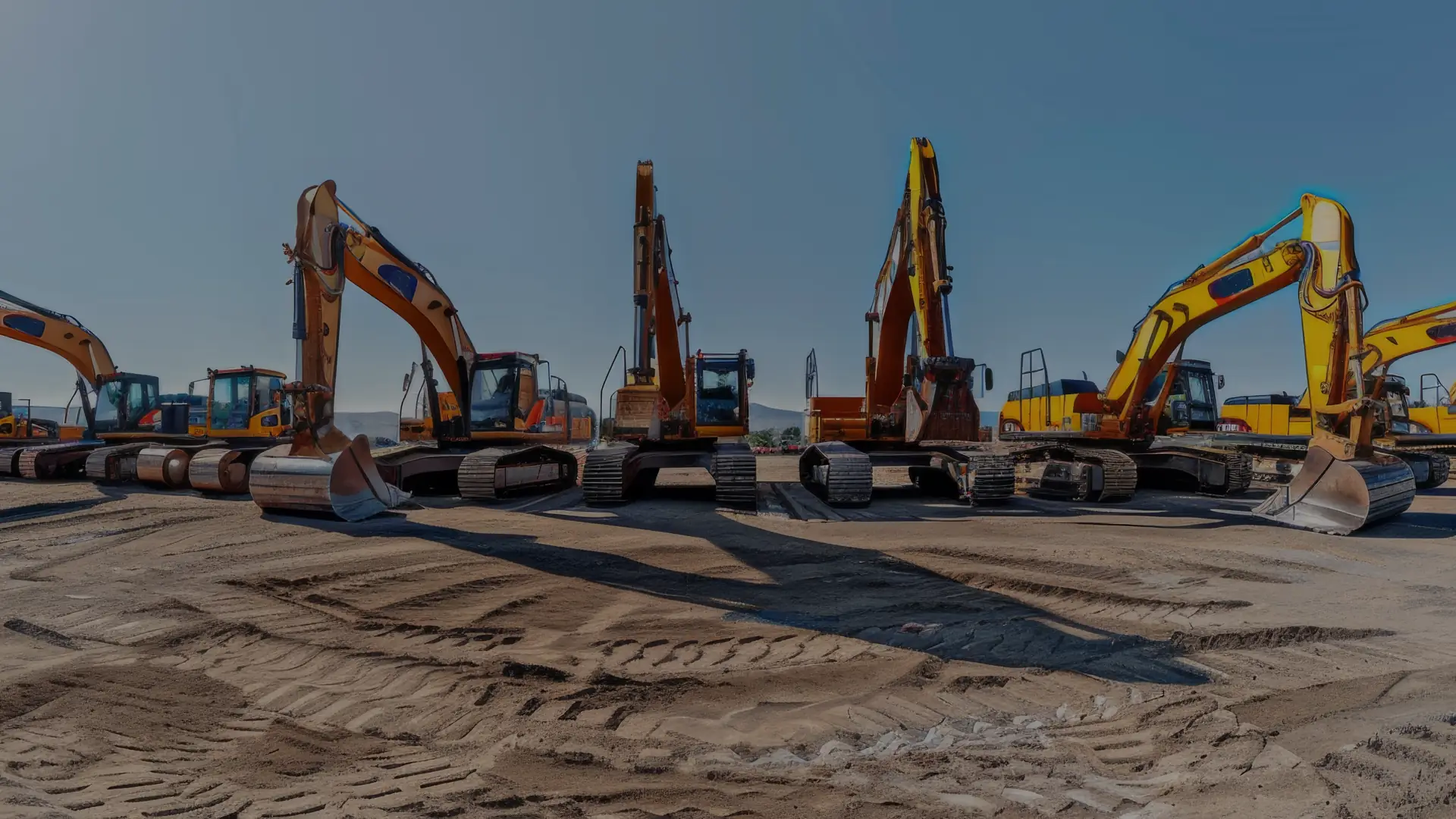 A line of excavators and earthmoving machines parked on a worksite